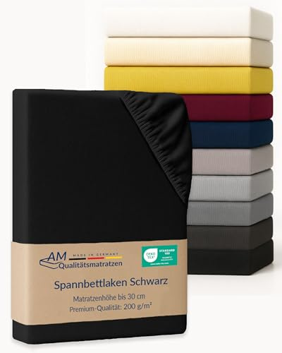 AM Qualitätsmatratzen Premium Spannbettlaken 120x210cm Baumwolle (200gsm) in Schwarz - Made in Germany - Oeko TEX zertifiziertes Bettlaken 120x210 Baumwolle - Jersey Spannbetttuch - Fitted Sheets