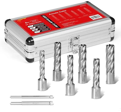 Juego de 8 brocas anulares HSS, diámetro de corte de 11 mm a 19 mm, profundidad de corte de 50,8 mm, vástago Weldon de 19 mm for taladrar metal.