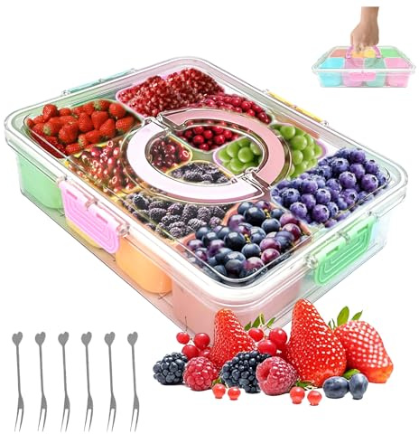 ChilArt Snackbox mit 8 Fächern, mit 6 Obstgabeln plus Besteckbeutel, Snackteller mit Deckel, Tragbare Snackdose zur Aufbewahrung von Obst, Chips, Gewürzen, für Picknicks, Partys und mehr
