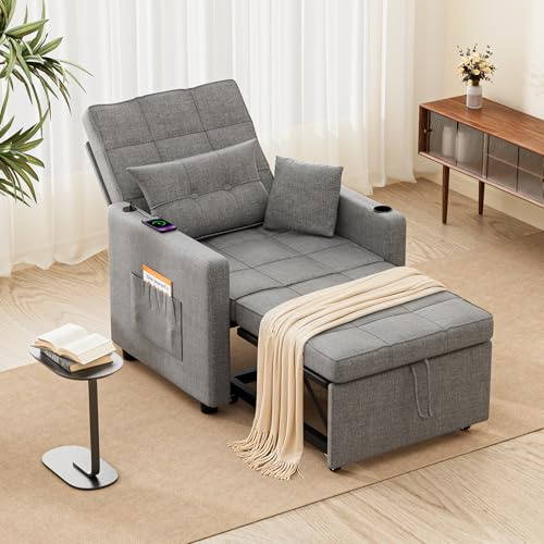 BonVache 3-in-1 Convertible Single Sofa Bed, Chair bed with USB & Type-C Ports, Storage pocket and 5-position adjustable backrest, Pull Out Bed for Living Room, Guest Room, Bedroom, Grey
