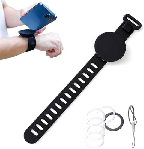 Rieoany Black Magnetic Phone Mount with Adjustable Strap, Gym Fitness Phone Holder for Bike, Gym Equipment, Steering Wheel, Stroller, Shopping Cart, Exercise