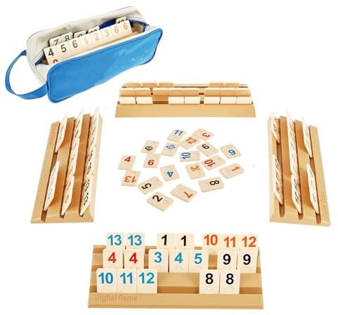 KINDLUME Rummy Set für Reisende, Klassisches Legespiel mit 114 Premium Steinen & 4 Halterungen, Kompaktes Gesellschaftsspiel für Erwachsene & Gruppenspiele, Familienspaß (Gelb)