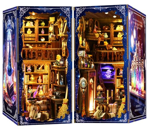 Book Nook Kit Magic – 3D Holzpuzzle & Buchstütze (Zaubertrank) | 3D Puzzle Miniatur Haus mit LED Licht & Touch Sensor,Magische Bibliothek Bücherregal Deko,Geschenk für Fantasy-Fans,14+