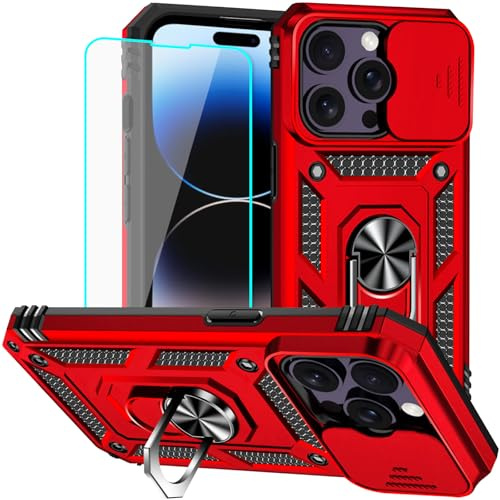 Yiakeng for iPhone 14 Pro Max Case with Screen Protector: [Military Grade 20ft. Drop Tested] Slide Camera Cover Ring Shockproof Protective Phone Case for - iPhone 14 Pro Max (Red)