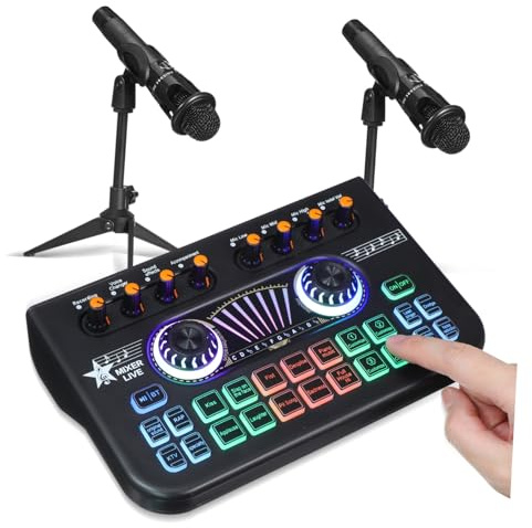 Vaguelly Professionelles Podcast Mikrofon Bundle mit Mikrofonen und Soundkarte Live Audio Mixer mit Voice Changer Robuster DJ-Controller für Streaming Gaming Podcasting und Musikstudio