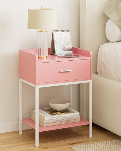 HEYZOEY Nachttisch Rosa, 3-Tier modern Nachttisch Nachtschrank mit Schublade und Regal, Kleiner Beistelltisch für Schlafzimmer, Wohnzimmer, Rosa(ohne Steckdose)