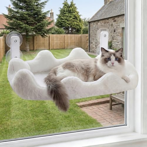 Homegroove Cat Window Perch, 24 x 12 Inch Foldable Cat Hammock for Window with 4-Sided Bolster & 4 Large Suction, Cloud Shape Cordless Window Bed for Indoor Cats (White, Large(60x30cm))