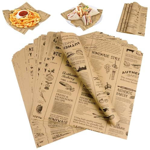 HAGOT 100 PCS Baking Paper Sheets, Wrapping Oil Proof Papers, Retro Newspaper Printing Style Food Wrapping Papers, Suitable for Burger Bread Sandwich Fries (38x28cm)