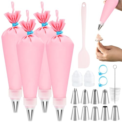 ZOCONE 19Pcs Silicone Piping Bags and Nozzles Set 9 Stainless Steel Icing Nozzles 4Pcs 12inch Pink Pastry Bag Reusable with Cleaning Brush Strap Scraper Complete Frosting Baking Icing Piping Set Tools