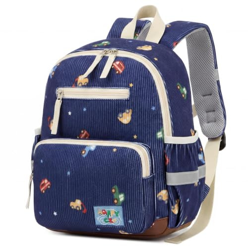 PROTAURI Kindergartenrucksack Jungen 4-7 Jahre 9.2L, Blau Auto | mit Brustgurt reflektierend leicht atmungsaktiv ergonomisch DIN A4 abwischbarer Boden Vintage Kordsamt
