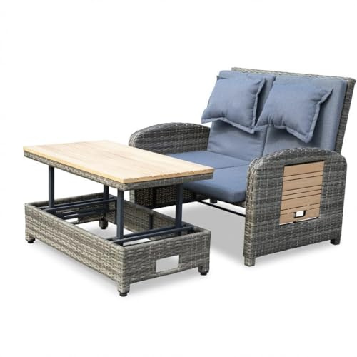 Greemotion Gartensofa mit Liegefunktion Bahia 2in1 Lounge-Set, Sofa mit Hocker und hochstellbarer Tischplatte, Grau, Stahl und Polyethylengeflecht