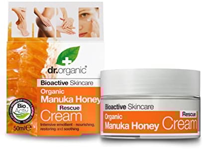 Dr Organic Manuka Honey Rescue Cream, Dry Skin, Mens, Womens, Natural, Vegetarian, Cruelty-Free, Paraben & SLS-Free, Certified Organic, 50ml, Packaging may vary