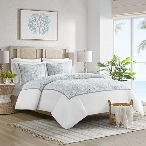 Harbor House 100% Cotton Duvet Cover, Embroidered Coastal Seashells, Starfish Duvet Cover Set – Light Weight Bed Comforter Covers, Maya Bay White Blue King/Cal King (106x90) 3 Piece