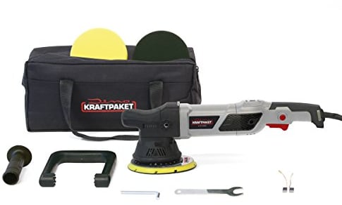 Dino KRAFTPAKET 640229 15mm-950W Exzenter Poliermaschine 12-Stufig mit LCD-Display und Memory-Funktion im Set mit Polierschwamm Polierteller Tasche für Auto KFZ Boot XL-HUB, Grau