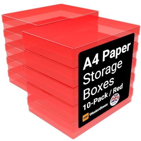 WestonBoxes A4 Colourful Transparent Plastic Craft Storage Boxes with Lids for Art Supplies, Paper and Card (Red/Pack of 10)