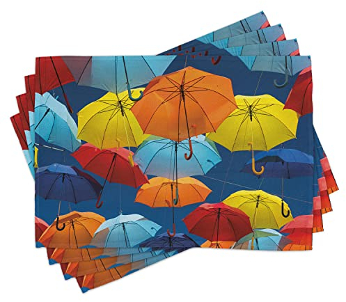 ABAKUHAUS Bunt Platzmatten, Bunte Regenschirme Sky, Waschbare Stoff Esszimmer Küche Tischdekorations Digitaldruck, Blau Orange