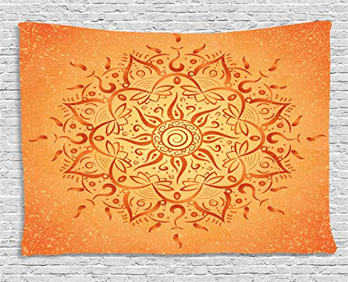 ABAKUHAUS Blatt Wandteppich, Orange arabische Mandala, Wohnzimmer Schlafzimmer Heim Seidiges Satin Wandteppich, 200 x 150 cm, Orange