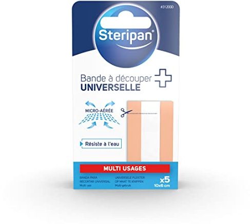 Steripan - Universal-Schneideband – vielseitig einsetzbar – mikrobelüftet – wasserfest – nicht klebende Kompresse – hypoallergen – 5 Streifen 10 x 6 cm