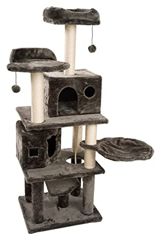 JAMAXX Premium Katzen Kratzbaum XXL H165cm, Extra-Stabil 9 cm Dicke Stämme, Starke Bodenplatte 3cm, Super Weiches Plüsch, PCT6006 Grau-Braun