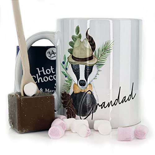 Hairyworm Personalised Mug and Belgian Milk Chocolate/Hot Chocolate Stirrer Marshmallow Gift Set, Customised with Name and Text, (11oz) White, Yellow, Blue, Black, Pink Mug with Badger Bow Tie Design
