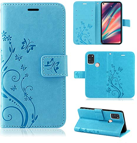 betterfon Custodia compatibile con Wiko View 5 / View 5 Plus, in pelle PU di alta qualità, per View 5 / View 5 Plus, motivo floreale, blu