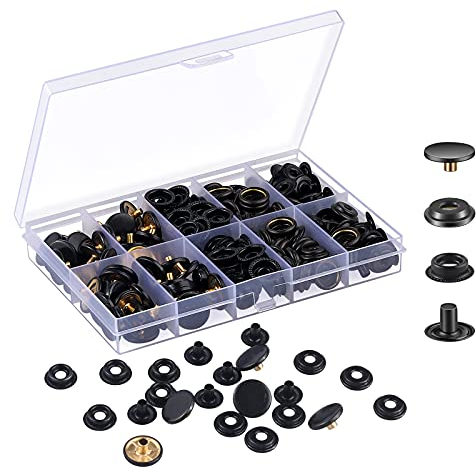 MSDADA 50 Sätze Druckknöpfe Set, Schwarz Button Werkzeug Metall Fastener Druckknopf Schraubbar Edelstahl Muttern und Bolzen Set für Kleidung Leder Handwerk Jacke Brieftasche Handtasche(200 Stück)