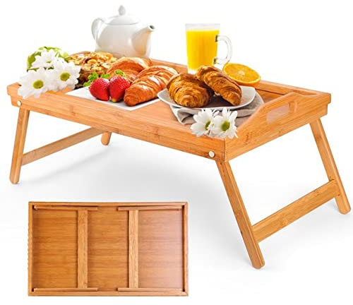 Homiu Bamboo Bed Tray Table | Handles & Foldable Legs | Multipurpose Lap Tray & Standing Desk For Breakfast In Bed, Sofa, Eating, Working | Used As Laptop Desk Stand & Snack Tray