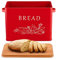 LIANYU Red Bread Box with Bamboo Lid for Kitchen Countertop, Large Farmhouse Metal Bread Storage Container Organizer, Vintage Bin Keeper for Counter 13x7x9.8 Inch