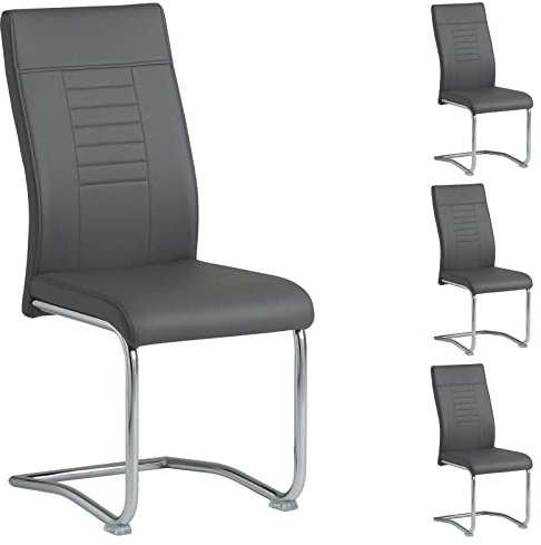 CARO-Möbel 4er Set Esszimmerstuhl Küchenstuhl Schwingstuhl Loano, Gestell in Chrom, Bezug aus Lederimitat in dunkelgrau