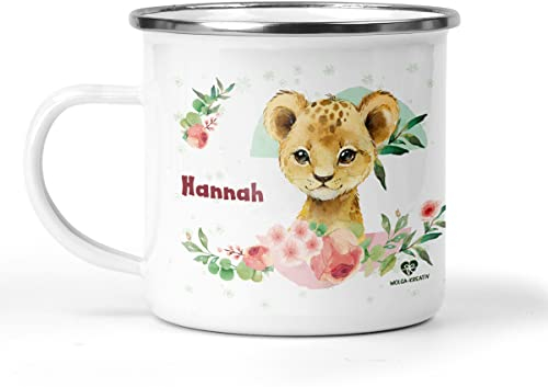 wolga-kreativ Emaille Tasse Becher Kinder Kindertasse Emaille Campingbecher bruchsicher Geschenk Kinder Löwe mit namen