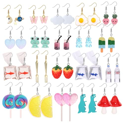 JeryWe 20 Paar seltsame lustige Ohrringe für Frauen, Teenager, Gummibärchen, Goldfisch, Wasserflasche, Pilz, Dinosaurier, Mond und Sterne, Erdbeer-Ei, niedliches ästhetisches Tropfen-Ohrring-Set