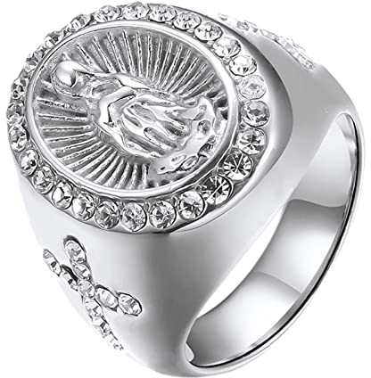 JewelryWe Schmuck Herren-Ring Retro Edelstahl Strass Jungfrau Maria Kreuz Ring Siegelring Bandring Oval Fingerringe für Männer Junge Gravur Silber Größe 67