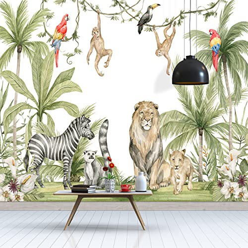 TANYANG Benutzerdefinierte Tapete Großes Aquarell Tropische Pflanze Palme Safari Afrikanische Amimal 3D Cartoon Kinderzimmer Dschungel Wandbild Für Kinder Kinderzimmer 250Cm(W)×175Cm(H)