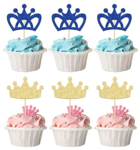 24Pcs Crown Cupcake Toppers Prince and Princes Blue Gold Glitter Royal Crown Cupcake Picks King Queen Crown Cupcake Decors for Prince Crown Theme Baby Shower Party Decoration Supplies