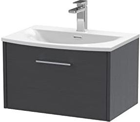 Hudson Reed JNU2222G Juno Modern Bathroom Wall Hung Single Drawer Vanity with Curved Ceramic Basin, 600mm, Woodgrain Graphite Grey