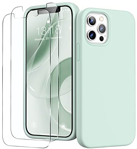 GOODVISH 3 in 1 for iPhone 12 Pro Max Case Liquid Silicone with 2x Screen Protector, Anti-Scratch Full covered Microfiber Lining Shockproof Protective Slim Phone Case Cover 6.7, Turquoise Green