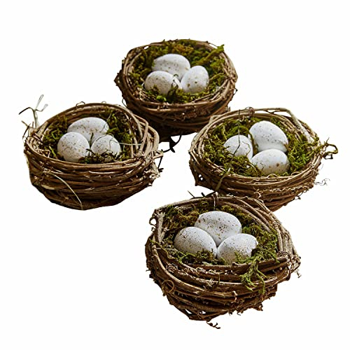 Loberon Nest mit Eiern 4er Set Trista, inkl. Geschenkverpackung, je DREI Deko-Eier, Ostern, Osterdekoration, Schaumstoff, Rattan, Moos, braun/weiß