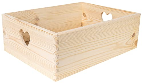 Creative Deco Große Holzkiste Obstkiste Korb | 40x30x13cm (+/-1cm) | Herzförmigen Griffen | ohne Deckel | Hölzernen Kasten Unlackiert Holzbox Kiste | Für Dokumente Spielzeuge Werkzeuge