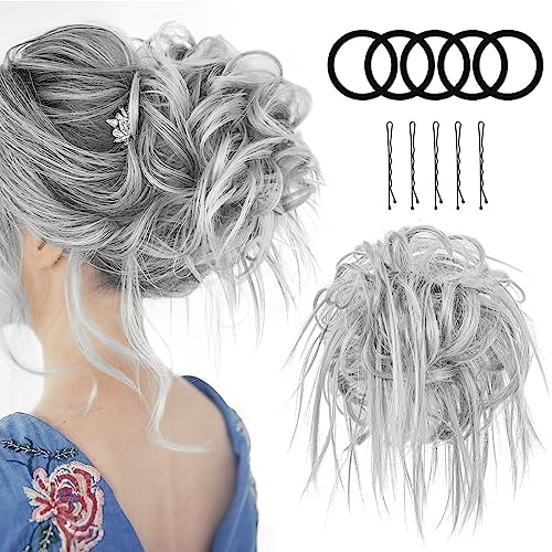 Haarteil Mit Gummiband, Groß Dutt Pferdeschwanz Haarteil Gelockt Haaren Hochsteckfrisuren Haarverlängerung Messy Bun Haarteile with Braids, Brautfrisuren Voluminös Gelockt Unordentlich Dutt,Grau