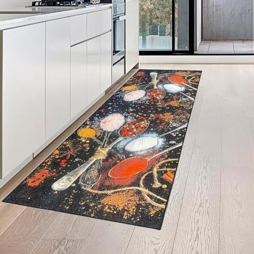Teppich-Traum Waschbarer Küchenläufer schwarz mit Gewürzen in gelb rot mit Löffeln, 80 x 150 cm