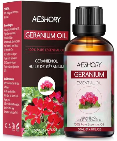 AESHORY Aceite Esencial de Geranio 50ml, Aceite de Geranio de Grado Terapéutico, 100% Naturales Puros Aceites Esenciales de Aromaterapia para Humidificador Difusores, Masaje, Cuidado de la Piel