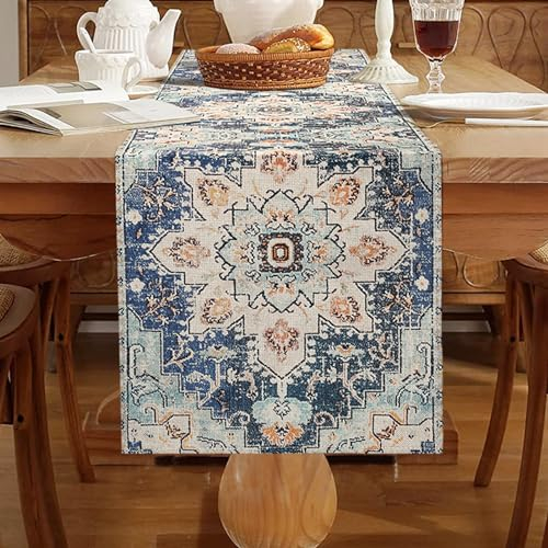 Chicamy Blaue Tischläufer Leinen 33 x 183 cm Mandala Tischläufer Modern Boho Style Tisch läufer Landhausstil Rustikale Tischdecke Dekorativer für Dinner Party Urlaub Esszimmer Kommode Dinner