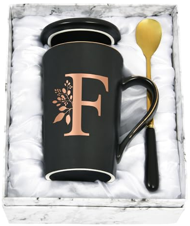 Joymaking Tazza personalizzata con lettera tazza da caffè con motivo floreale, nome iniziale regali personali, tazza da caffè per le donne fidanzata, F – 400 ml nero