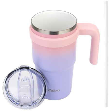 Zukro 20 oz Ceramic Lined Insulated Tumbler with Handle and Straw For Pure Coffee Taste, Reusable Travel Mug with Spill-Proof Lid, Stainless Steel Iced and Hot Coffee Cup, BPA-Free