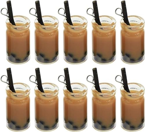 20 dijes de té con leche, colgantes de resina en miniatura, perlas de té con leche, mini colgantes para botellas, colgantes para manualidades, pendientes, llaveros (café, paja negra), Vidrio