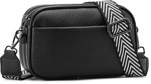 GAEKEAO Crossbody-Tasche für Damen, kleine Umhängetasche aus echtem Leder, Schultertasche mit dreifachem Reißverschluss oben, schwarz - midnight black, Casual