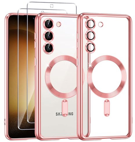 Phoona Coque Magnétique pour Samsung s23 5G avec 2 Pièces Verre Trempé, Compatible avec MagSafe, Protection Militaire, Résistante aux Rayures, Résistante aux Chocs, Mince et Transparente, Rose