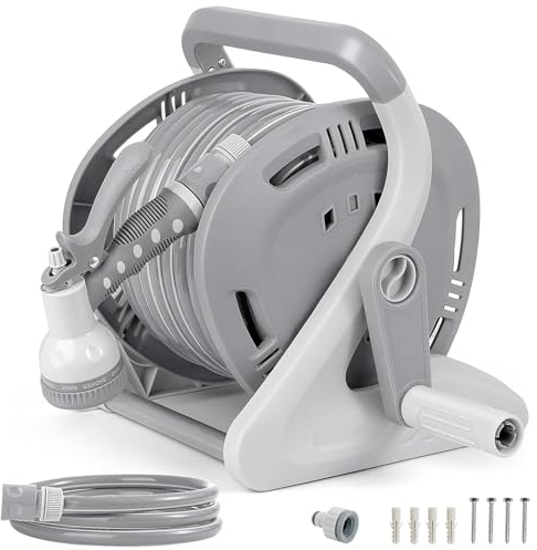 FLORA GUARD Garden Wall Mounted Hose Reel 20+2m, Heavy Duty Hose Reel Wall Mount, 9 Pattern Nozzle, Supplied with Nozzle, Fittings and Fixings