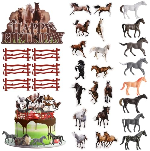 taonganui 30 Stück Pferde Tortendeko Pferde Geburtstagsdeko, Pferde Cupcake Toppers Pferd Kuchendeko Realistische Pferde Zaun Tortenstecker Pferde Cake Topper Geburtstag Cake Toppers Muffin Deko