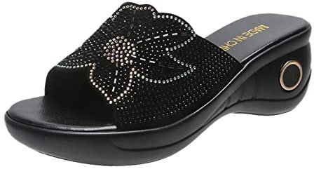 DuBiytlk Mules Femme Confort Sabot Femme Cuir Mesdames chaussures mode plate-forme confortable talon compensé strass fleur poisson bouche sandales Sandales Pieds Larges Femme Tong Cuir (Black, 40)
